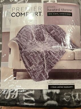 Premier Comfort Plush Heated Throw - Gray Word Print